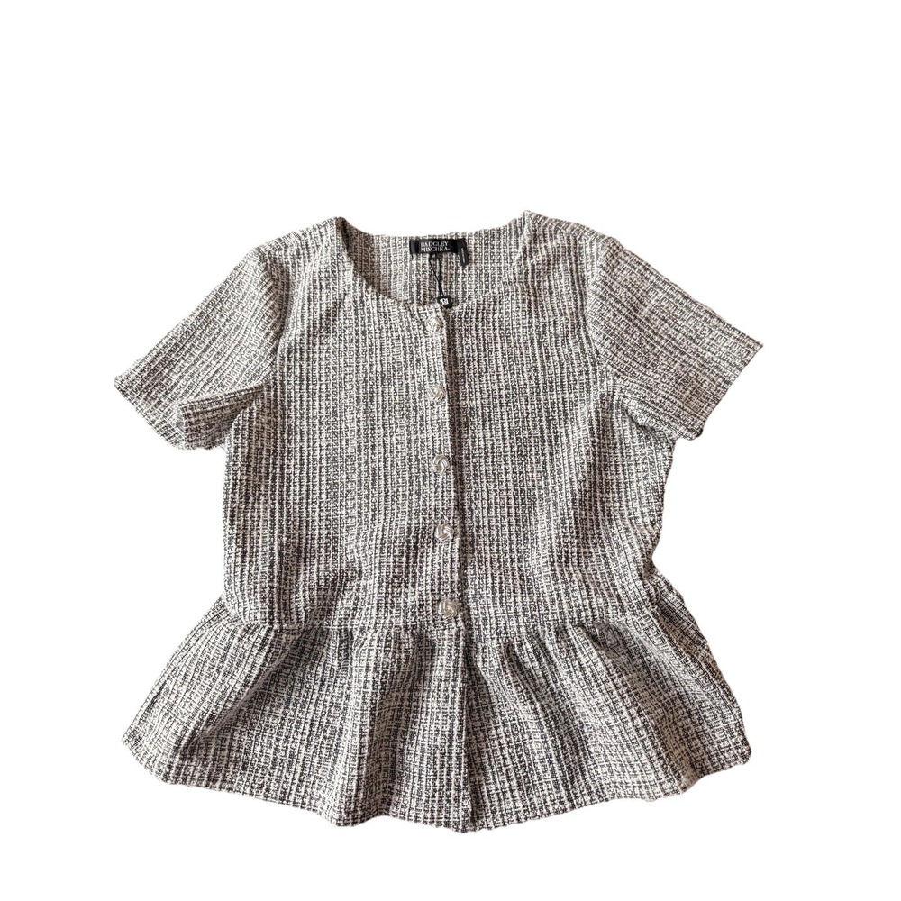 Badgley Mischka Shirt Womens Medium Gray Short Sleeve Tweed Peplum Blouse